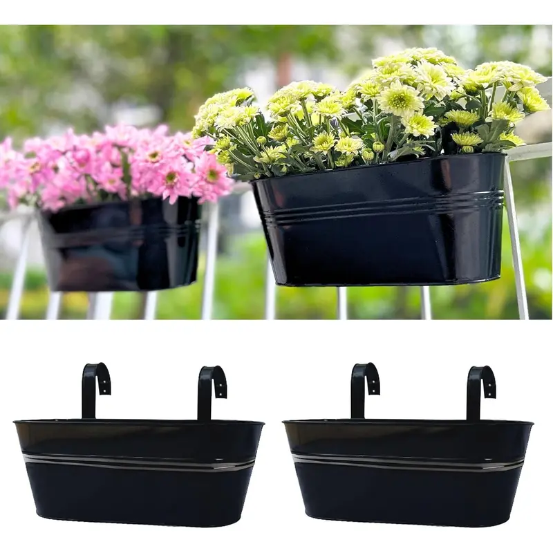 Lalagreen outdoor plants rail planter 16 inch  black metal iron hanging flower pots deck railings fence buckets modern boho style wall mount window boxes plant holder hooks porch home decor