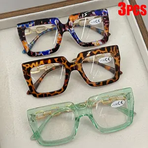 3 Pairs Large Frame Square Reading Glasses Set, Women's Luxury Gold Chain Decorative Prescription Glasses, Lightweight HD Readers +1.0~+4.0
