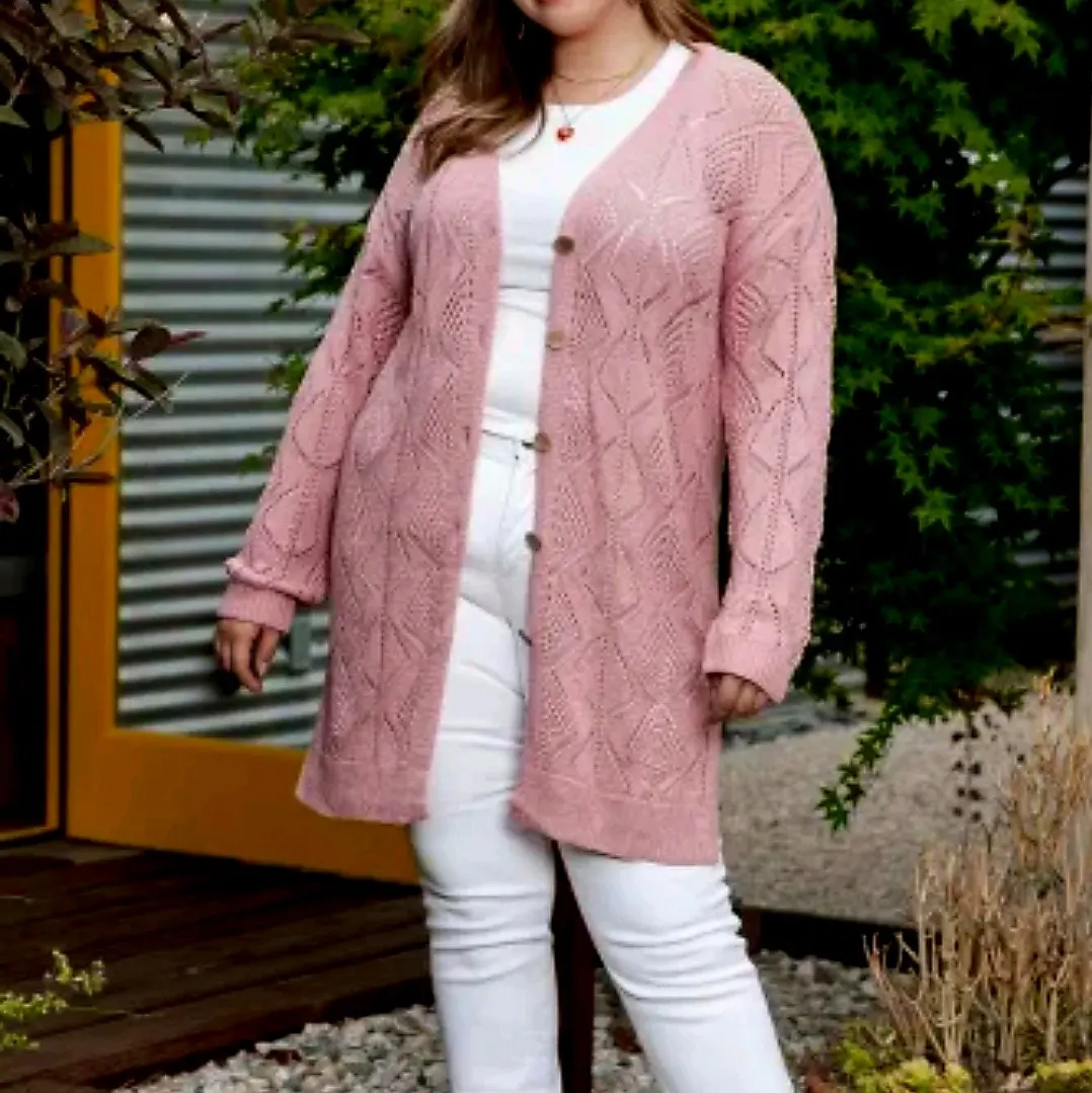Women Plus Size Long Sleeve Pink Cardigan