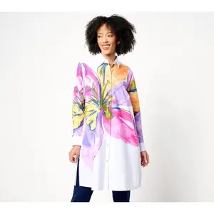 Susan Graver Petite Printed Stretch Poplin Button Front Duster
