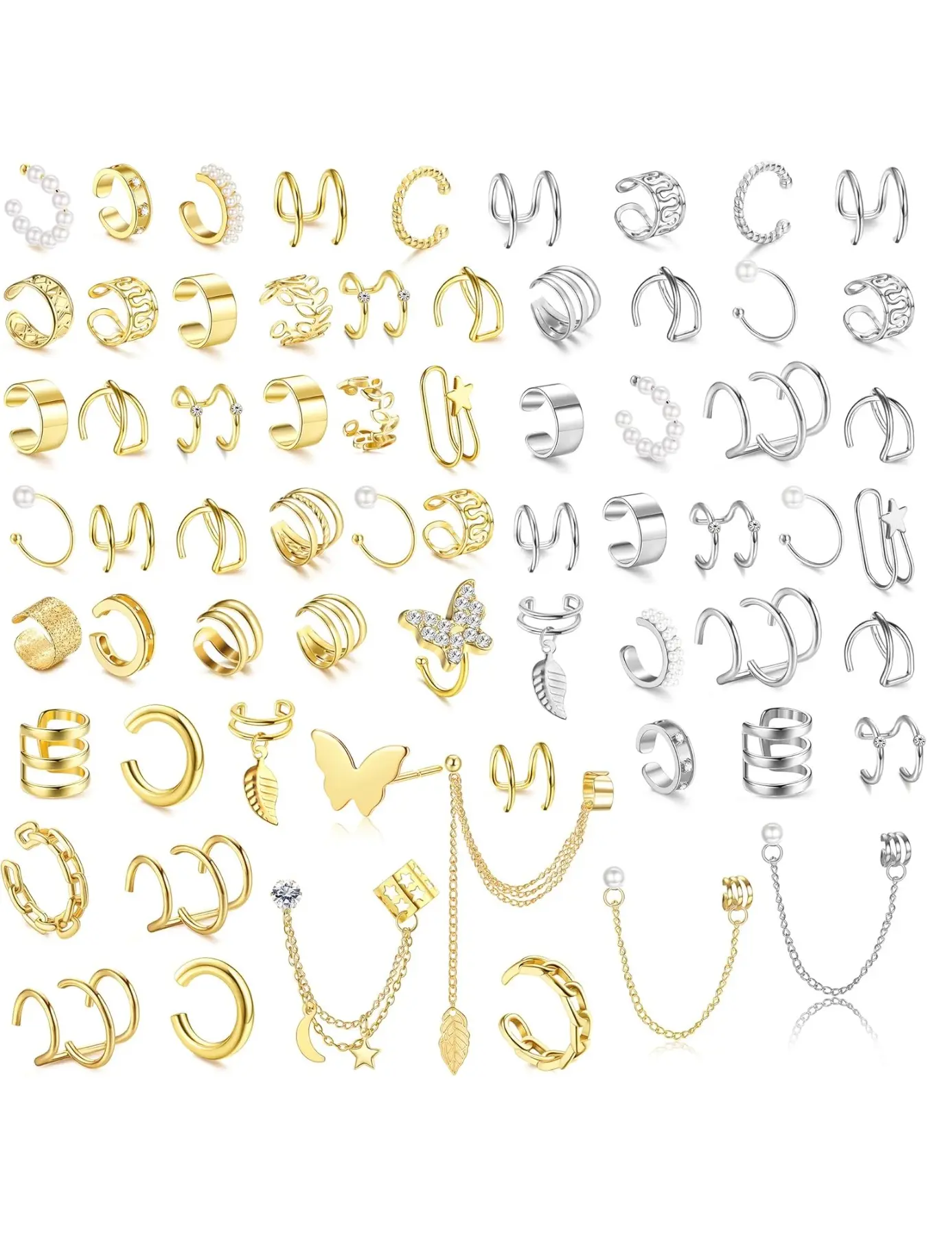 66 Pcs Ear Cuff Earrings for Women Non Piercing,Hypoallergenic Silver plated Clip on Fake Earrings Set Trendy Jewelry Ear Accessories for Sensitive Ears,Ear Wrap Earrings for Helix Cartilage,Cz Star Butterfly Ear Cuffs Non Piercing, Ear Clip Type