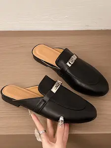 1 Pair Women's Metal Buckle Minimalist Loafer Closed Toe Mule Slides, Korean Commuter Style Flat Heel Mules, Soft Sole Non-blister Lazy Slip-on Versatile For Work Shopping Daily Wear Spring Summer