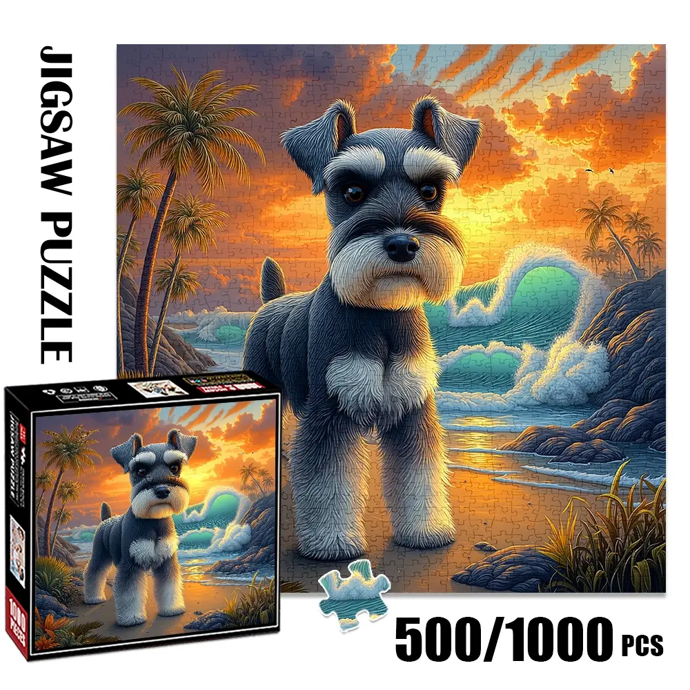 1pc 1000 piece adult puzzle 58x58cm Schnauzer Dog on Tropical Beach at Sunset500 pieces paper jigsaw puzzle suitable for DIY creative games for adults and families, birthday and holiday stress relief