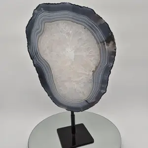 AAA+ Blue Banded Agate & Quartz Slab on Stand - Brazil - Backlit Crystal Display