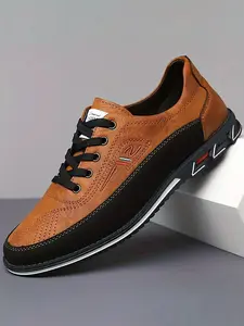Men's Flat Business Casual Shoes, PU Leather Stripes Design, Narrow Fit Less Than Ankle Height, All Season Wear, Comfortable Daily Use