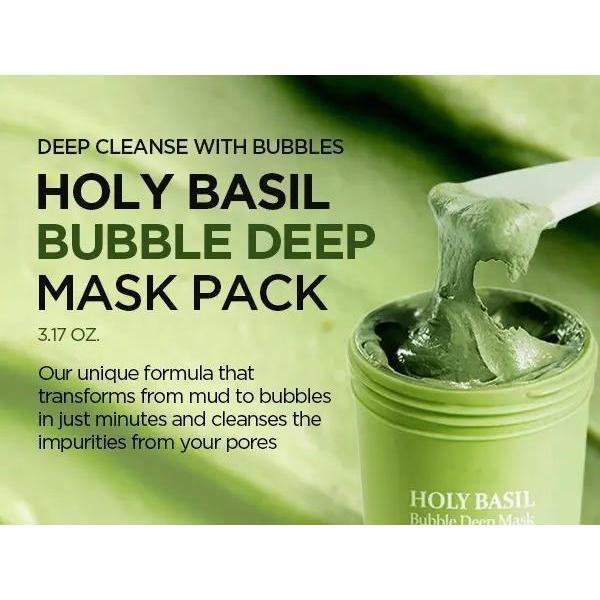 Holy Basil Bubble Deep Mask – Holy Basil & Carbonated Water for Cleansing Pores & Blackheads, Suitable for All Skin Types, Vegan Clay-to-Bubble Wash-Off Mask (90g / 3.17 oz)