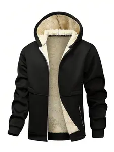 Men's Casual Full Zip Up Sherpa Lined Hoodie Sweatshirt Jacket Coat Everyday Wear Black Fitted Style Tops Outerwear Menswear Basic Minimalist Oversized Fleece Hoodie with Pocket Long Sleeve Acrylic Material