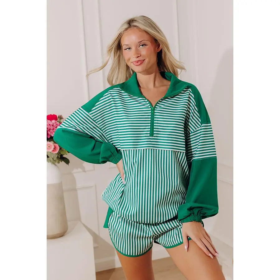 Boardwalk Breeze Stripe Quarter Zip Sweater in Green