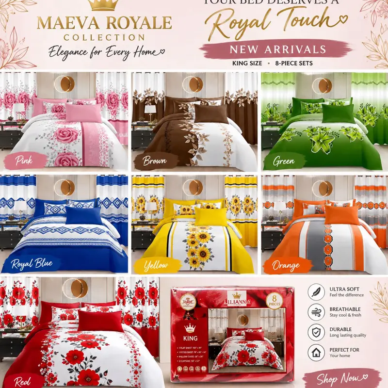 King Size Cotton Bedding Bundle (12 Packs, 8 Pieces Each) - Includes Curtains, Flat Top Sheet, and Fitted Bottom Sheet