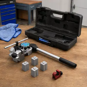 Professional Brake Line Flaring Tool Kit with 4 Size Dies, 45° Single, Double & Bubble Flare, Clamping Mechanism for 3/16", 1/4" Tubing, 5/16", 3/8" Steel Copper Tubing, 4.75mm Lines for Car Enthusiasts