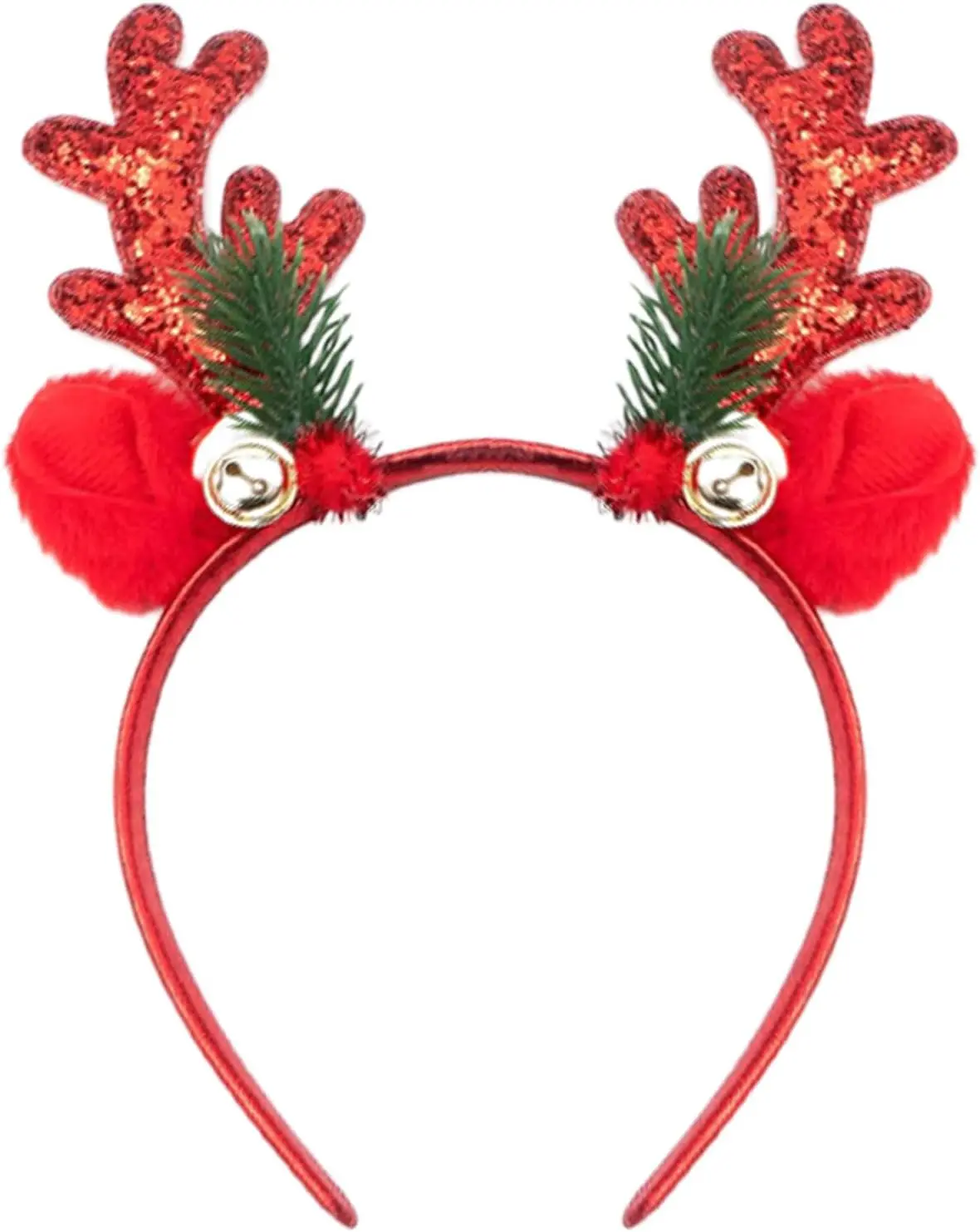 Women's Christmas Reindeer Headband - Glitter Synthetic Antler Hair Hoop with Bells, Sequins, Festive Party Supplies, Birthday & Casual Dress Accessories (Red)