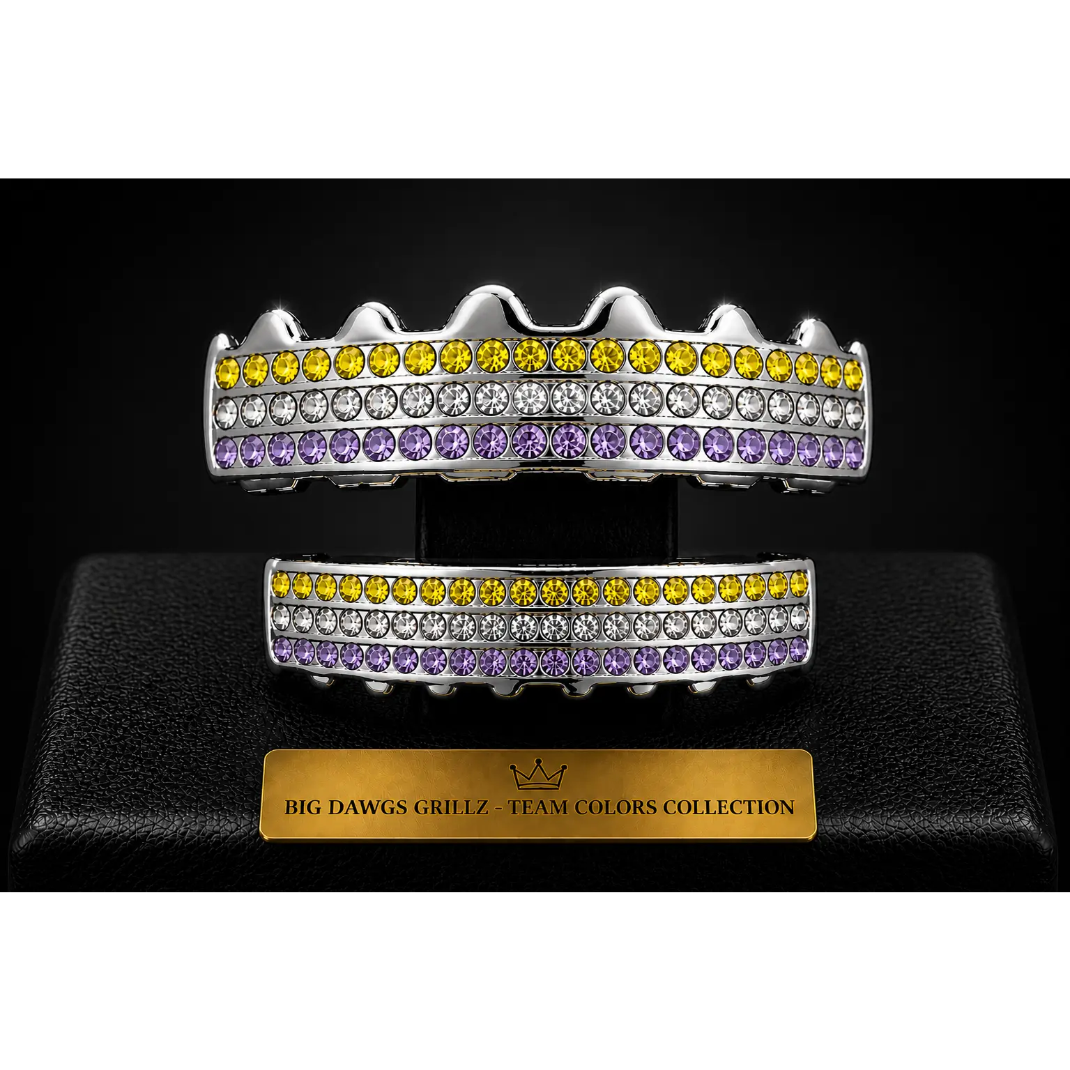 Team Colors Silver 6 Rows Iced CZ Mouth Teeth Grillz Upper Lower Set Purple Yellow
