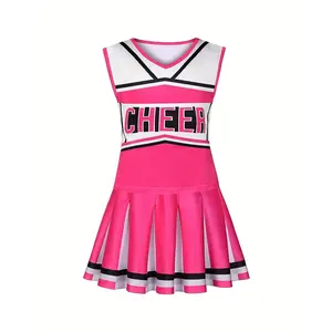 Girls Cheerleader Uniform Set V-Neck Sleeveless Top + Pleated Skirt, Comfy Outdoor Outfits Sports Kids Gift