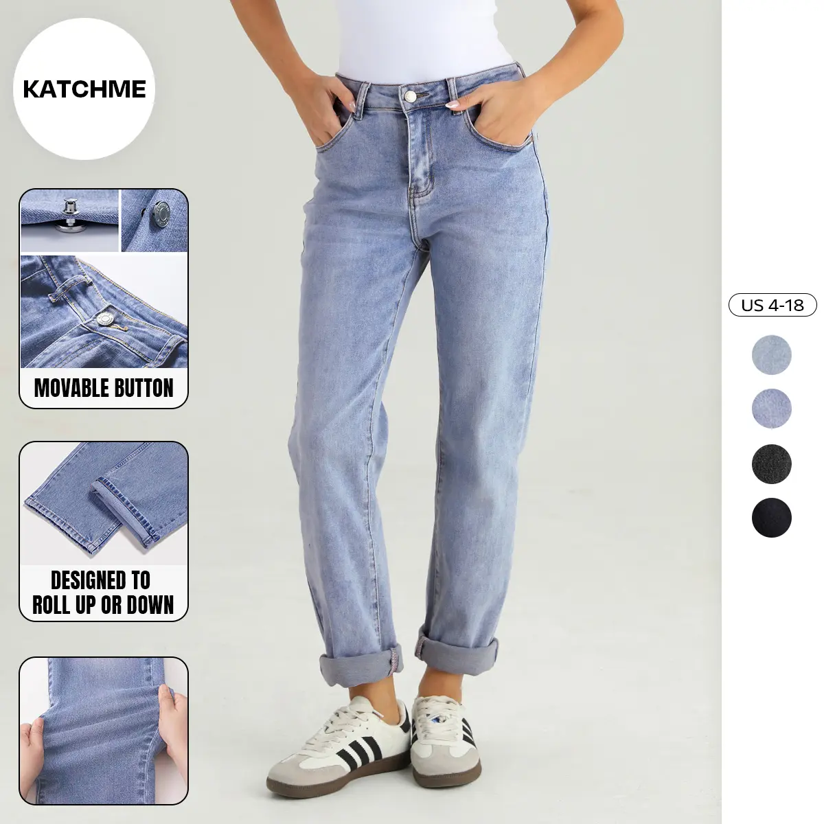 Katch Me Women's Street Mid-Rise Tapered Jeans, Cozy Fall Outfits for Daily Wear, Soft Stretchy Women's Bottom, Leisure Denim Trousers, Street Womenswear