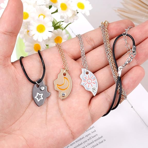 3-Pack Best Friendship Necklaces&Bracelet Set, Sun Star Moon Puzzle Matching Pendant Necklace& Bracelet Forever Three Friends Bff Sister Jewelry Gifts for Anniversary Birthday