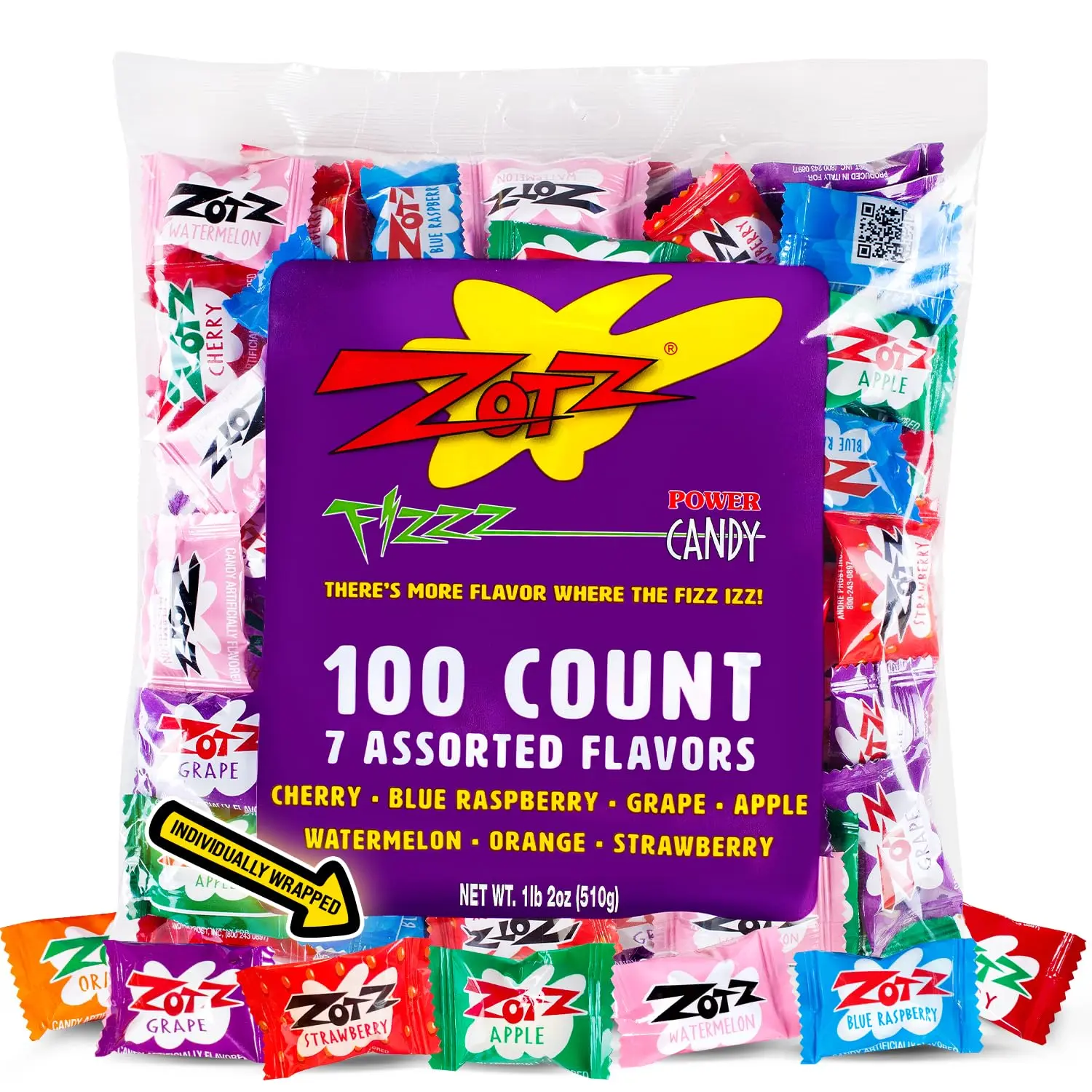 Fizzy Bulk Candy (Assorted, 100 Units) Hard Candy Individually Wrapped Assorted 7 Flavors, Cherry, Watermelon, Strawberry, Blue Raspberry, Apple, Orange Grape From Italy Since 1970