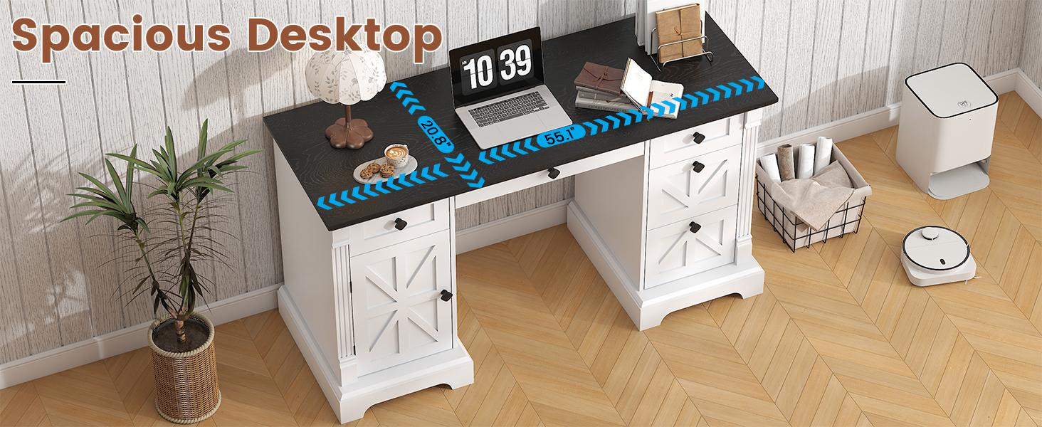 55" Office Desk with Drawers, Farmhouse Executive Desk with Charging Station, Hidden Cabinet, File Cabinet Storage, Wood Computer Desk with 5 Drawers for Work Study Writing, White