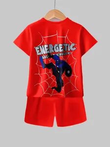 Summer Boys Blue Spiderman Set, Hero Print Short Sleeve Shorts, Children Comfortable Breathable Sports, Summer Ventilated No Sweat