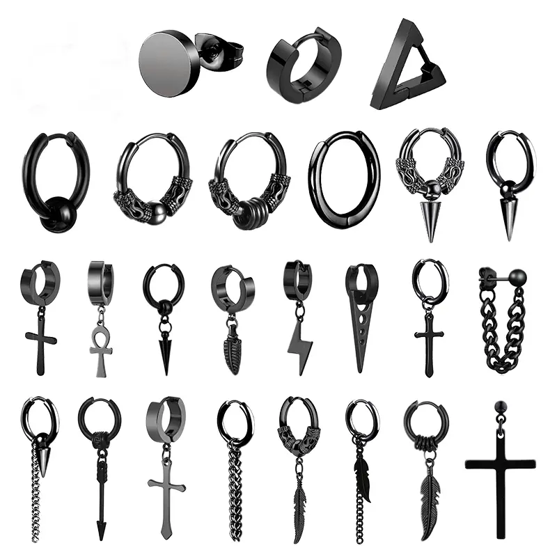 1 Pairs Punk Stainless Steel Stud Earrings Black Earrings Set For Men Women Vintage Hip Hop Piercing Ear Jewelry Accessories