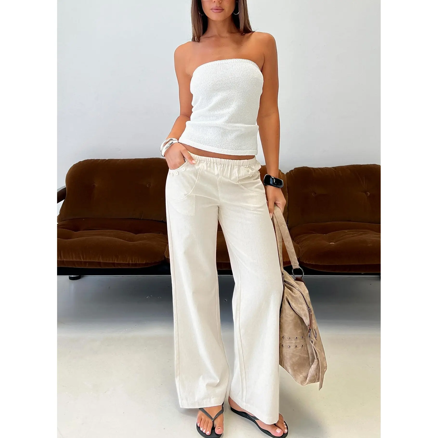 Around The Clock Button Detail Mid Rise Wide Leg Pants Cream Around The Clock Button Detail Mid Rise Wide Leg Pants Cream