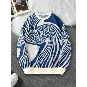 Unisex's All Over Print Drop Shoulder Sweater, Loose Street Long Sleeve Round Neck Jumper Casual Pullover Top for Fall & Winter, Fashion Unisex's Knitwear for Daily Wear