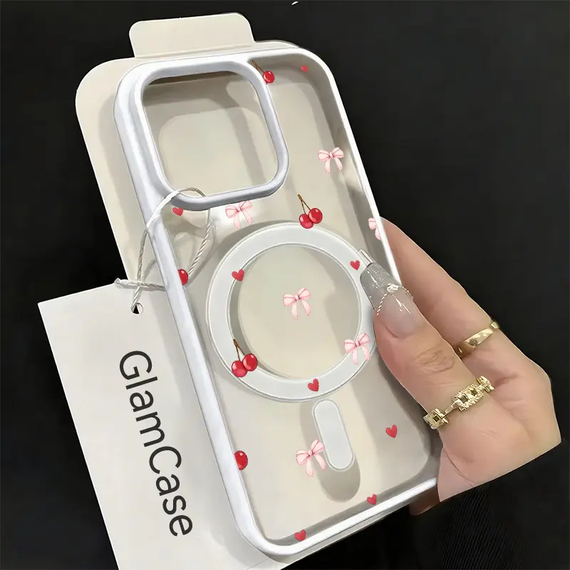 Sweet Kawaii Cherry Heart Acrylic Shell Double-Sided Magnetic Phone Case - Anti-Drop, Shockproof, Scratch-Resistant Cover with Manufacturer Warranty for iPhone 11,12,13,14,15,16,17 Plus Pro Max, A17 Mobile Accessory