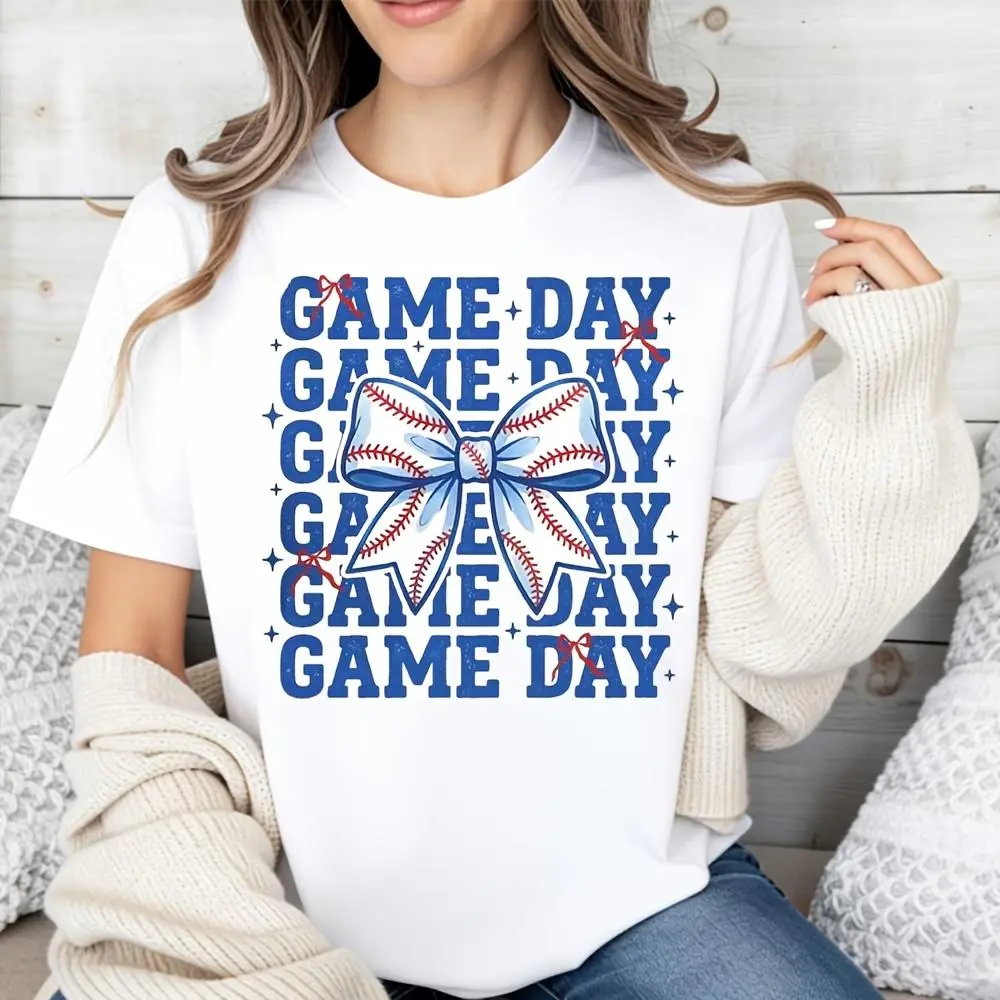 Game Day Baseball Bow Print T-Shirt, Sports Fan Apparel, Perfect For Baseball Season And Game Day Events