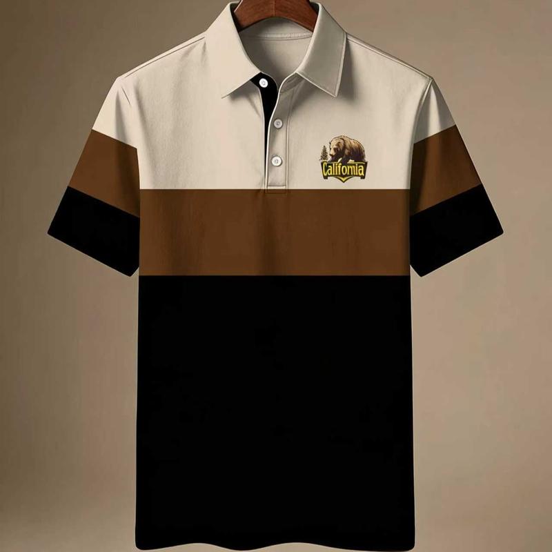 Men’s Stylish & Comfortable Button Polo Shirt, Summer Golf Sport Knit Fabric, Casual Color Block Design, Polyester, Slim Fit