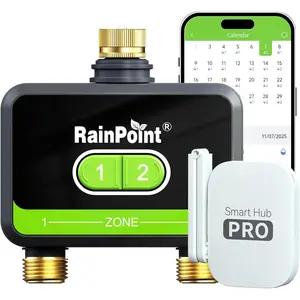 RainPoint WiFi Water Timer for Garden Hose with Brass Inlet & Outlet, 2-Zone Smart Hose Timer, WiFi Irrigation Controller via APP/Voice Control, Automatic Sprinkler Watering System for Lawns and Yard