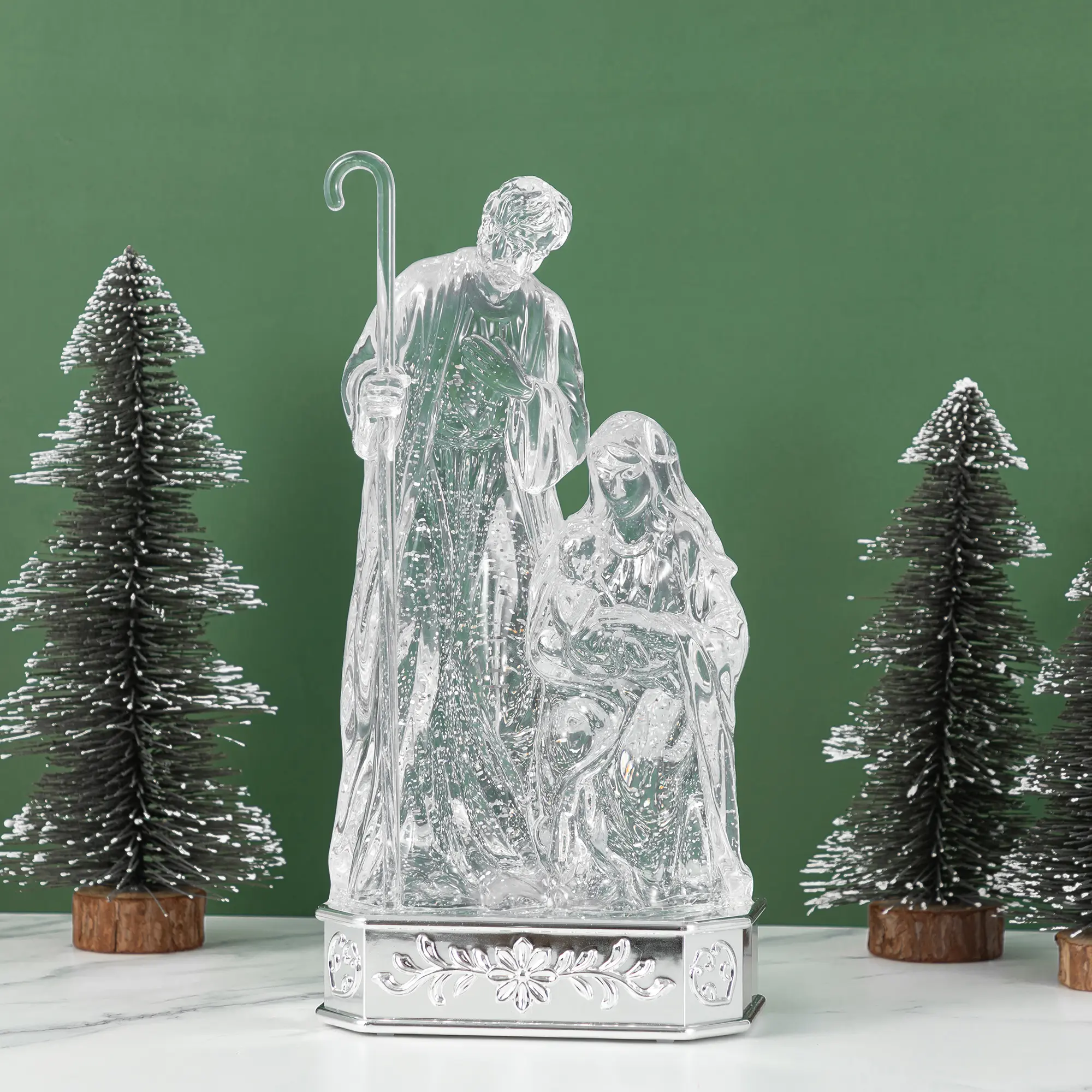 【Christmas in July】 Glitzhome 12"H Lighted Acrylic Crystal Holly Family Waterglobe with Timer