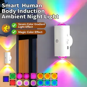 Smart Rechargeable LED Night Light with Motion Sensor – RGB Gradient Ambient Lighting, Dimmable Wall Lamp, Magnetic & Stick-On Design, USB Convenient Charging, Long-Lasting Battery, Perfect for Halloween Decor, Bedroom, Stairs, Hallway & Entryway