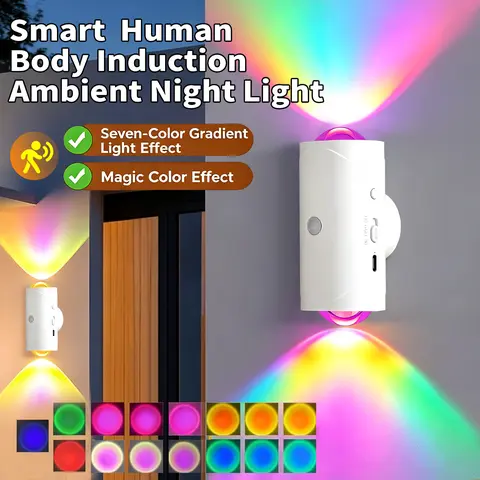 Smart Rechargeable LED Motion Sensor Night Light - RGB Gradient Ambient Dimmable Wall Lamp, Magnetic Stick-On Design, USB Charging, Long-Lasting Battery, Cool Gadgets for Home, Aesthetic Room & House Decor, Halloween, Bedroom