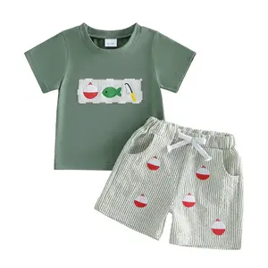 Toddler Boys 2-Piece Summer Casual Gift Set, Baby Boys Clothing - Angling Embroidery Short-Sleeve T-Shirt, Elastic-Waist Striped Toddler Pants