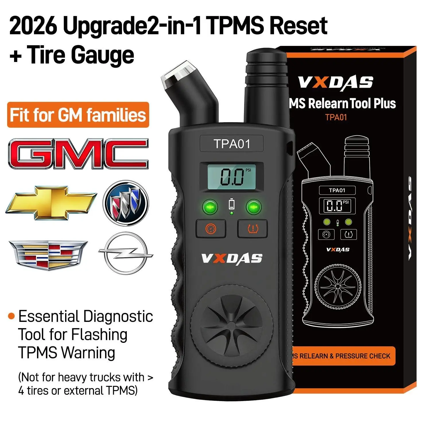 [GM Only] VXDAS TPA01 2-in-1 TPMS Relearn Tool & 150 PSI Digital Tire Pressure Gauge for Chevy, GMC, Buick & Cadillac, Tire Sensor Activation and Pressure Tester