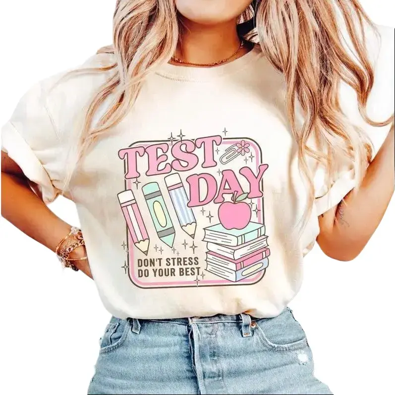 Women's Teacher Test Day Graphic T-Shirt | Casual Crew Neck Short-Sleeve Style in Soft Heavyweight Combed Cotton, Tops, Shortsleeve