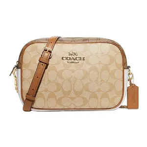 COACH Jamie 24 Classic Monogram Zip Camera Bag for Women – Canvas and Pebbled Leather, Khaki and Brown