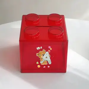 Transparent Plastic Building Block Money Box, Cute Bear Design, Alphabet Patterns, Perfect for Home Decor & Gifts