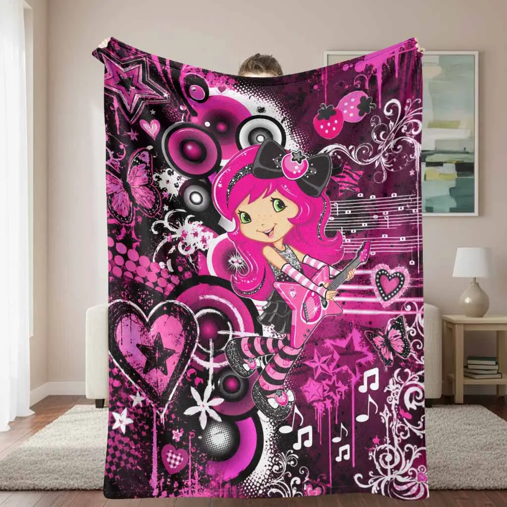 Pink Rock Star Flannel Blanket Cartoon Guitar Music Notes Heart Butterfly Print Soft Warm Lightweight Cozy Throw for Sofa Bed Dorm Studio Party Gift