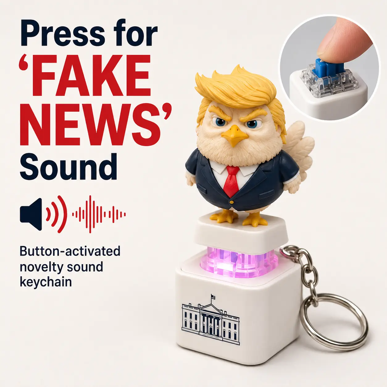 Funny Trump Chicken Sound Button Keychain, Fake News Voice Effect Toy with LED Light, Press to Play Interactive Fidget Clicker, Political Gag Gift & Desk Decor for Adults