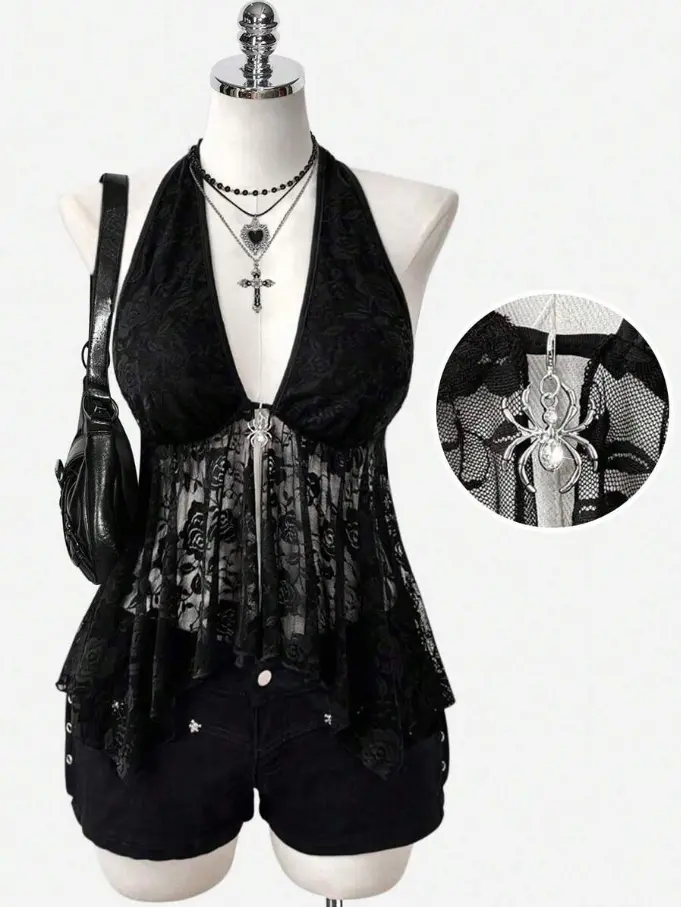 LUNA LAYER Womens Asymmetrical Lace Hollow Spider Decor Punk Camisole Top
