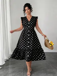 Plus Size Women's Polka Dot V Neck Ruffle Sleeveless Midi Dress, Casual Summer Fashion, Comfortable and Stylish, Ruffled, Elegance