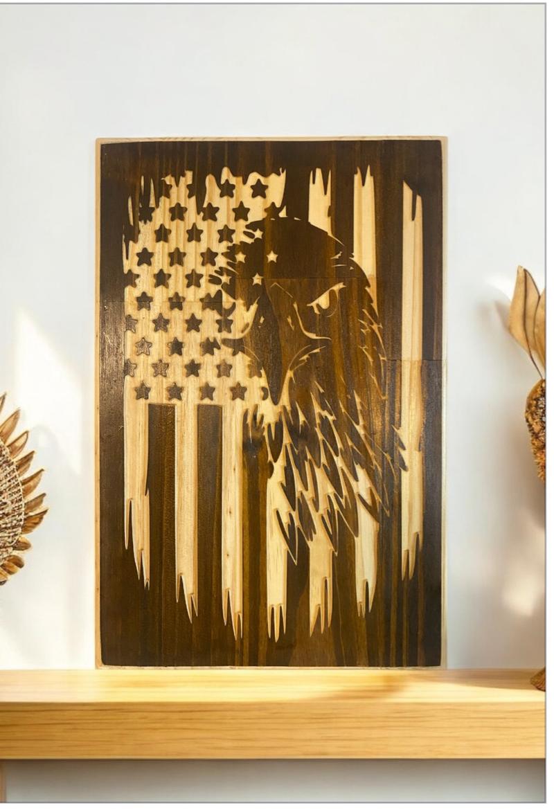 Eagle Tattered U.S. Flag Wooden Hangable 18x12 Plaque for Home Decoration with American Flag Design and Natural Wood Finish