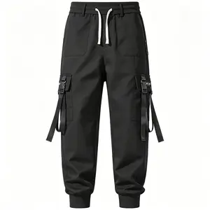 Men's Black Techwear Cargo Joggers, Multi-Pocket Strap Detail Streetwear Pants，Streetwear #CargoPants #TechwearStyle #TacticalFashion #TechwearJoggers，Elastic Waist Multi-Pocket Cargo Pants, Tactical Streetwear Joggers