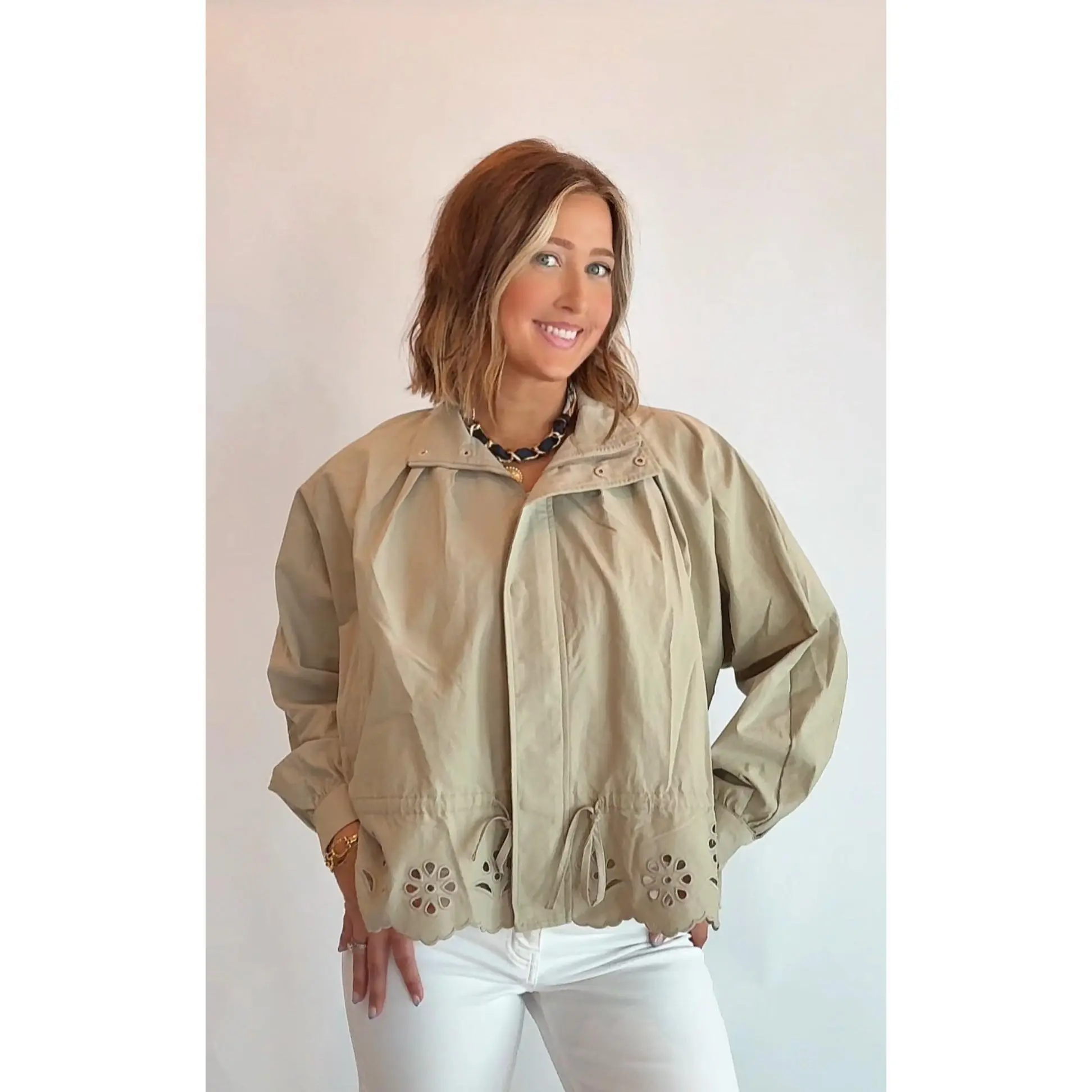 Eyelet Scallop Tie-Waist Jacket