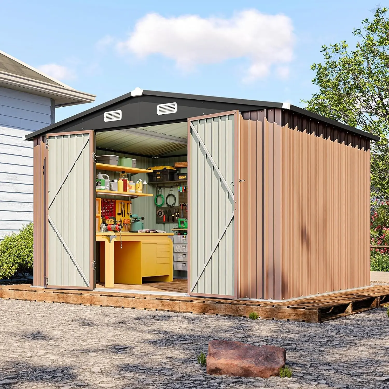 Aoxun Outdoor Metal Storage Shed, Weatherproof Garden Storage Shed and Tool Storage Shed with Lockable Door, Sloped Roof and Storage Shelf, Heavy Duty Outdoor Utility Shed for Backyard, Patio, Lawn and Garden