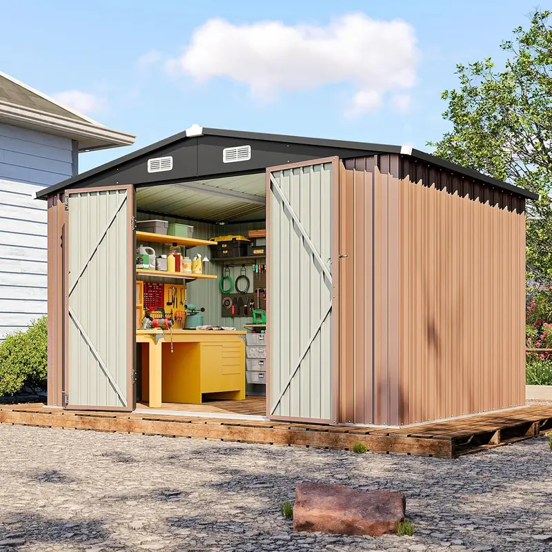 Outdoor Storage Shed, Aoxun Metal Garden Tool Shed with Lockable Door, Sloped Roof and Storage Shelf, Weatherproof Heavy Duty Utility Shed for Backyard, Patio, Lawn and Garden