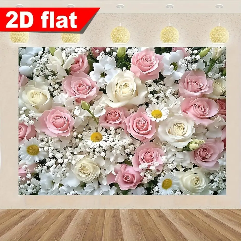 1pc Elegant Floral Print Polyester Wall Backdrop Banners - Pink & White Roses, Purple Wisteria, Power-Free, Indoor/Outdoor, for Weddings, Birthdays, Photo Booths, Party Decorations