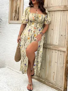 Plus Size Women's Square Neck Floral Print Dress with Slit, Casual Fashion Polka Dot Puff Sleeve Floral Dress for Everyday Outdoor Wear, All Season Plus Size Women's Clothing