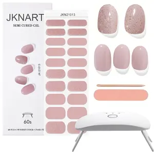 Semi Cured Gel Nail Strips & UV LED Nail Lamp Set, Glitter Nail Art Stickers with Nail File & Stick, Portable Mini Light for Gel Nail Art, Nail Art Kit for Women & Girls, Stick on Nails