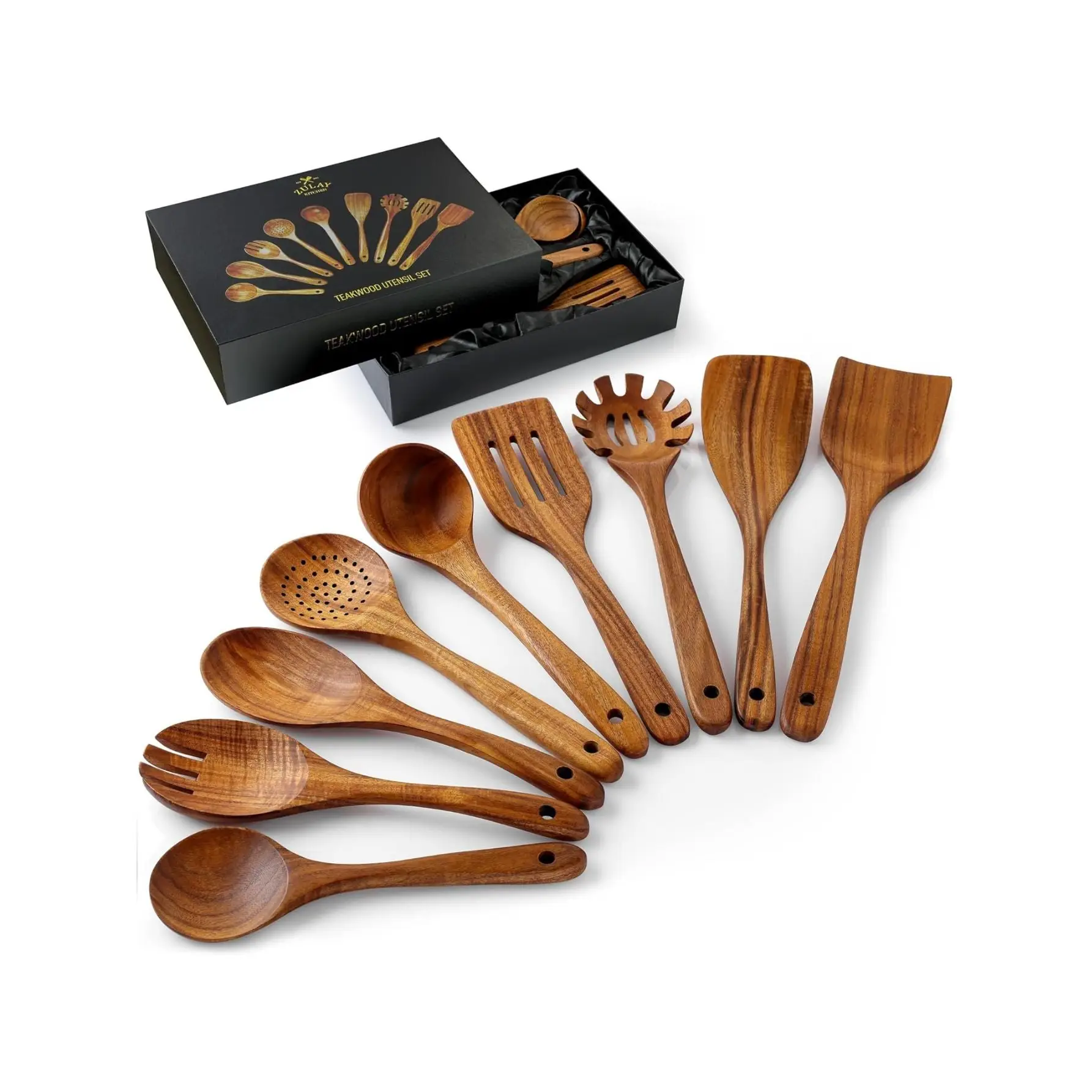 Teak Wood Kitchen Utensil Set - Durable Cooking Tools for Nonstick Cookware, High-Quality Teak Wood, Smooth Grip, and Easy to Clean